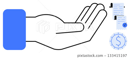 Open hand with blue cuff extended. Document with seal and a dollar symbol in blue circle. Hand symbolizing help support or financial assistance. Ideal for financial services funding loans and grants 133415197