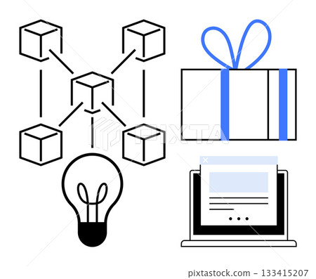 Blockchain network diagram, gift box with ribbon, light bulb, and web page on laptop screen. Ideal for technology, e-commerce, innovation, digital transactions, online shopping startups Blockchain network diagram, gift box with ribbon, light bulb, and web page on laptop screen. Ideal for technology, e-commerce, innovation, digital transactions, online shopping startups 133415207