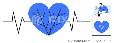 Heartbeat line with blue heart featuring leaf veins, doctor using a tablet, and heart monitor icon. Ideal for healthcare, cardiology, medical technology, wellness, health services, telemedicine Heartbeat line with blue heart featuring leaf veins, doctor using a tablet, and heart monitor icon. Ideal for healthcare, cardiology, medical technology, wellness, health services, telemedicine 133415227
