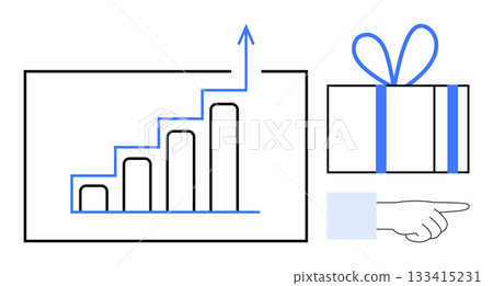 Bar chart ascending with blue arrow, gift box with blue ribbon, pointing hand. Ideal for business success, progress, achievements, rewards, motivation sales goals corporate incentives. Line 133415231