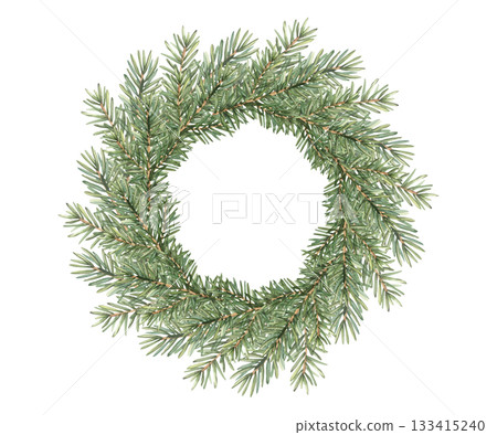 Christmas wreath of green fir branches. Spruce new year decorative element. Watercolor xmas illustration hand drawn for decoration. Christmas round chaplet for new year greeting cards template 133415240