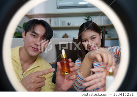 Influencers Showcasing Skincare Products in Home Studio Influencers Showcasing Skincare Products in Home Studio 133415251