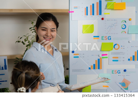 ESG Presentation. Businesswoman discussing sustainability strategies with team. ESG Presentation. Businesswoman discussing sustainability strategies with team. 133415364