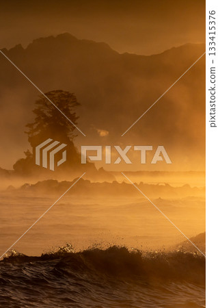 前景是波濤洶湧的大海和巨浪_垂直 133415376