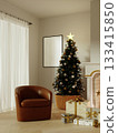 Minimalist Christmas decor highlighting a festive tree and gifts. 3D render illustration 133415850