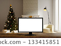 Christmas festive scene with blank monitor in stylish decor. 3D render illustration 133415851
