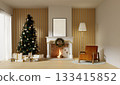 Christmas living room decor with elegant fireplace and festive wreath. 3D render illustration 133415852