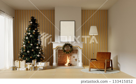 Christmas living room decor with elegant fireplace and festive wreath. 3D render illustration Christmas living room decor with elegant fireplace and festive wreath. 3D render illustration 133415852