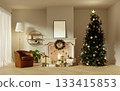 Cozy Christmas corner featuring a decorated tree and warm ambiance. 3D render illustration 133415853