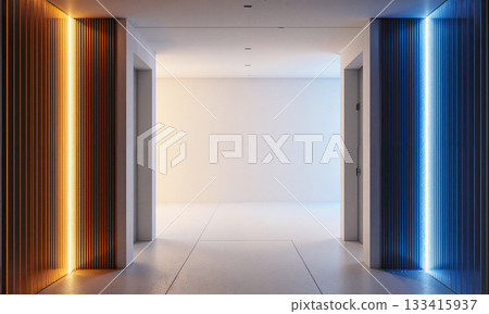 Balance Chamber with Dual Light Currents - A split-axis hall left side emits warm amber light flowing horizontally, right side 133415937