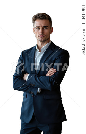 A White male entrepreneur standing in a high-end office with an intense, focused gaze, arms crossed. His calm and composed 133415991