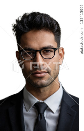 A South Asian man with short, neatly styled hair and sharp glasses, his expression exuding determination and clarity, framed 133415993