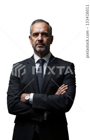 A Middle Eastern CEO in obsidian with a golden halo of clocks behind him, arms folded, symbolizing command over time 133416011