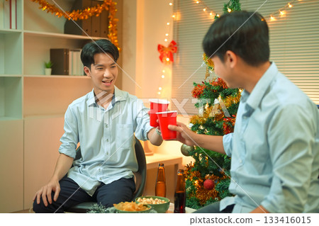 Portrait, staff and business people with celebration, Christmas party and fun with happiness, joy and cheerful. Face, office and festive season with holiday event 133416015