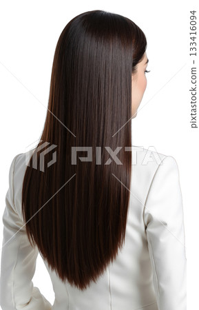 Woman Hair Backview. The back view of a woman with very long, straight, dark brown hair, wearing a white blazer. Woman Hair Backview. The back view of a woman with very long, straight, dark brown hair, wearing a white blazer. 133416094