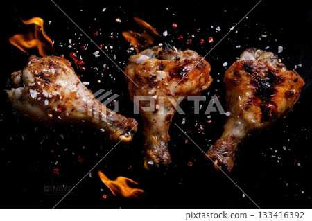 Hot chicken legs with flames and dynamic energy. 133416392