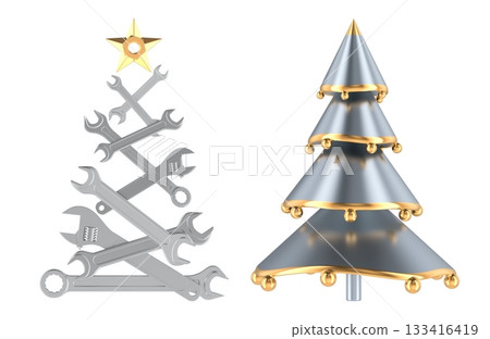 Abstract Mechanical Christmas tree and metallic cone Christmas tree. 3D rendering Abstract Mechanical Christmas tree and metallic cone Christmas tree. 3D rendering 133416419