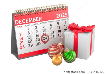 December 2025 calendar with Christmas gift and baubles. 3D rendering 133416422