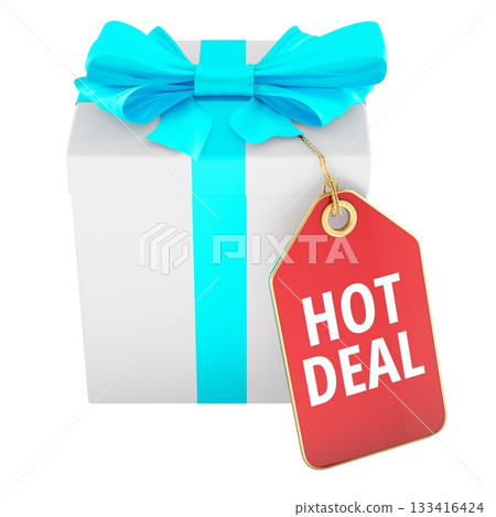 Gift Box with HOT DEAL red price tag. 3D rendering 133416424