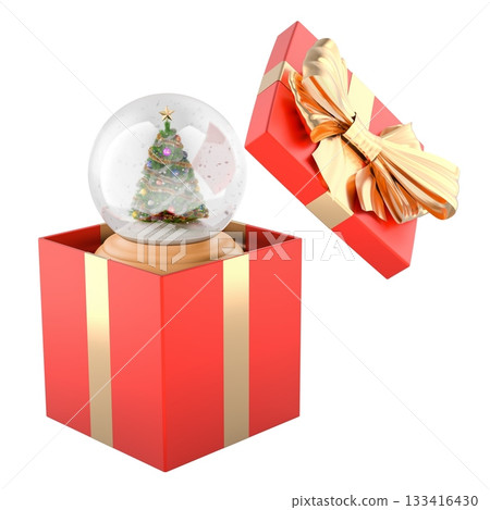 Open red gift box with glass snow globe with a decorated Christmas tree inside. 3D rendering 133416430