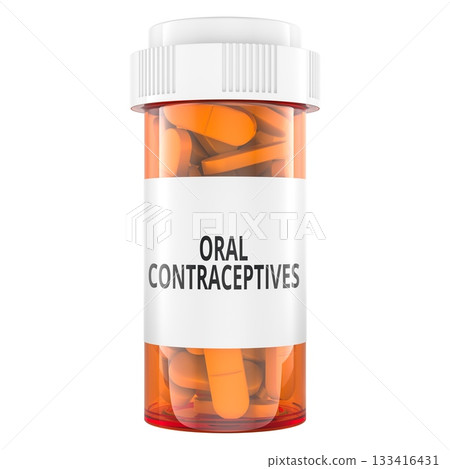 Oral Contraceptive pills in prescription bottle. 3D rendering 133416431