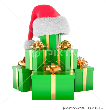 Pile of green gift boxes in a pyramid and topped with a red Santa hat. Festive Christmas present composition, 3D rendering 133416432