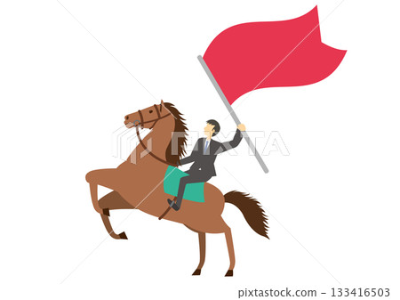 A man in a suit riding a horse and holding a flag 133416503