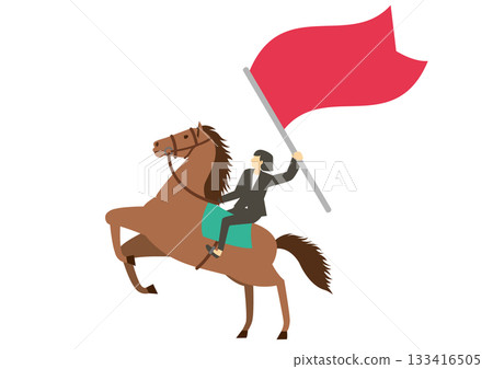 A woman in a suit riding a horse and holding a flag A woman in a suit riding a horse and holding a flag 133416505
