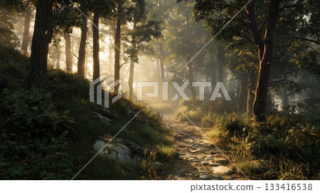 The beautiful morning sun filtering through mist onto a forest path The beautiful morning sun filtering through mist onto a forest path 133416538