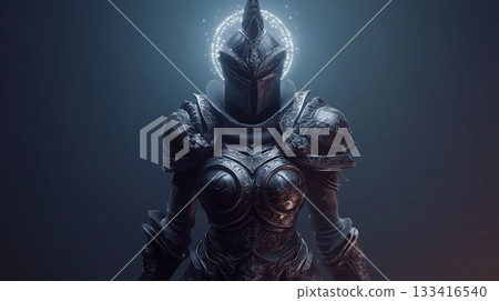 A mysterious, powerful figure in detailed black armor and hood, holding a large medieval sword 133416540
