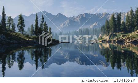 A tranquil landscape of clear water perfectly mirroring tall peaks and evergreen trees under a soft blue sky 133416587