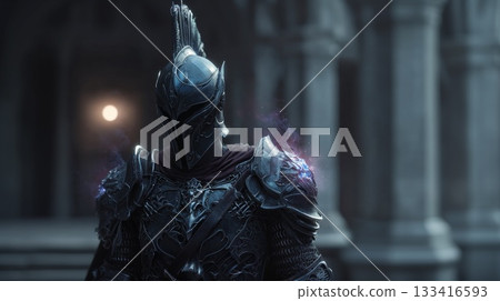 Dark fantasy knight with glowing magic armor in castle 133416593