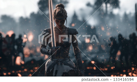 Female warrior holding a glowing sword on a dark battlefield 133416594