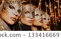 Closeup of three women in pearl masks against golden background 133416669