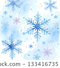 Watercolor illustration featuring various snowflakes in blue and purple hues 133416735