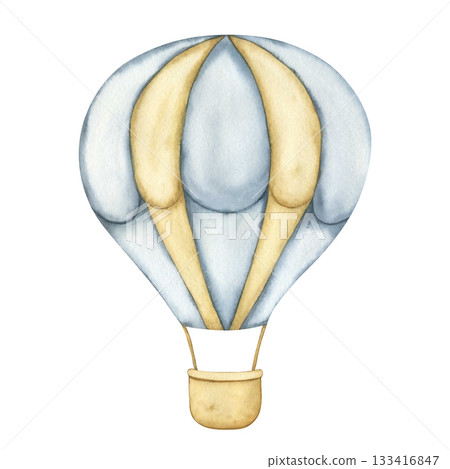 Hot air Balloon. Watercolor hand drawn illustration of a hot air Balloon in blue and beige colors. Drawing airship in vintage style. Hot air Balloon for kids goods, baby shower and children's room 133416847