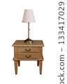 Table lamp on Wooden bedside table Isolated on White Background with Clipping Path 133417029