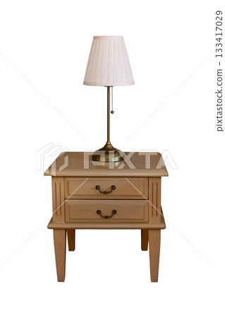 Table lamp on Wooden bedside table Isolated on White Background with Clipping Path Table lamp on Wooden bedside table Isolated on White Background with Clipping Path 133417029