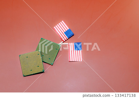 Processors with American flags are displayed, possibly representing the financial state of the United States economy. 133417138