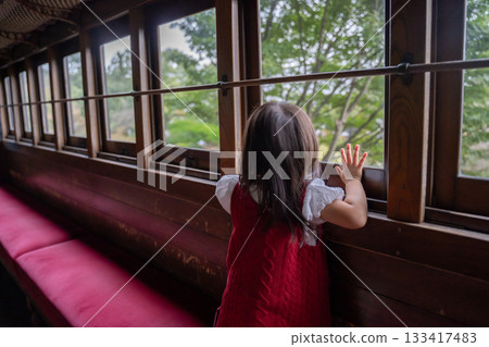 Girl looking out the window on a train journey Girl looking out the window on a train journey 133417483