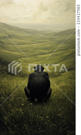 Gorilla sitting in vast green valley, contemplative mood. Solitude and nature harmony concept 133417565