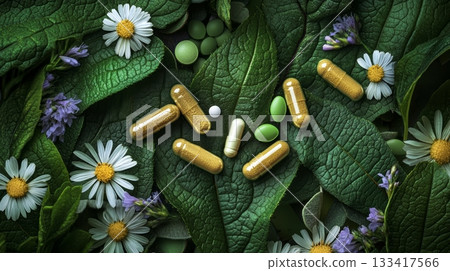 Herbal supplements on natural green leaf background with flowers, holistic wellness concept 133417566