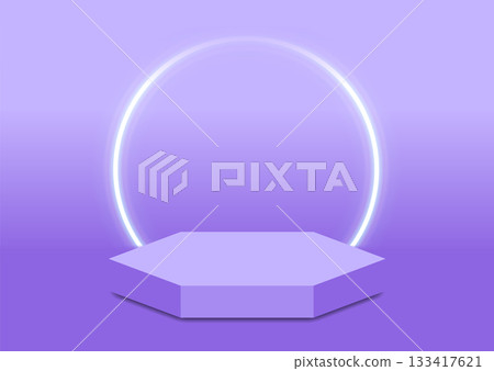 Futuristic purple hexagonal podium with glowing neon circle on gradient background 133417621