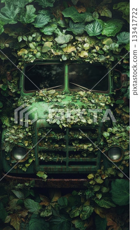 Old green truck covered in lush leaves, nature reclamation. Urban decay and renewal concept 133417722