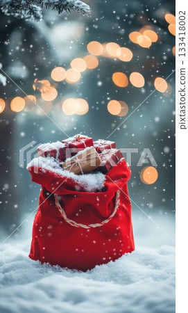 Festive red bag of gifts in snow with bokeh lights, winter holiday atmosphere. christmas and celebration concept 133418002