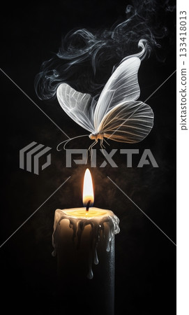 Mystical butterfly hovering over a dripping candle with smoke on a dark background. Fantasy art and ethereal concept 133418013