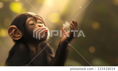 Young chimpanzee basking in sunlight with serene expression, forest backdrop. Nature contemplation and peace concept Young chimpanzee basking in sunlight with serene expression, forest backdrop. Nature contemplation and peace concept 133418014