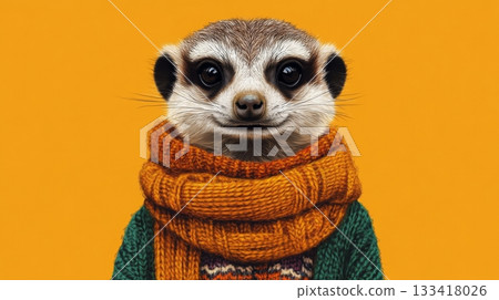 Meerkat wearing colorful knitted scarf and sweater against orange background, fashion and style concept 133418026