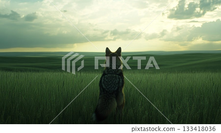 Lone wolf gazing over vast green fields at sunset, tranquil scene. Solitude and nature concept Lone wolf gazing over vast green fields at sunset, tranquil scene. Solitude and nature concept 133418036