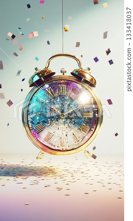 Golden alarm clock with mosaic face surrounded by colorful confetti, festive and celebration concept Golden alarm clock with mosaic face surrounded by colorful confetti, festive and celebration concept 133418037